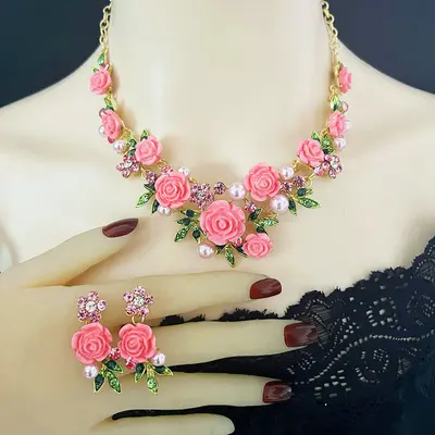 Umweltfreundliches vollständig mit Steinen besetztes Kamelie-Halsketten-, Armband- und Ohrring-Set, Palast-Stil leichte Luxus-Kleidung, Nischen-Perlen-Schlüsselbein-Ketten-Zubehör. - 11