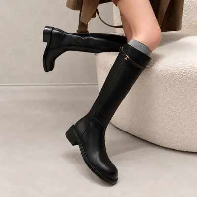 Women's Long Riding Boots, Square Toe, Low Heel, Side Zip
