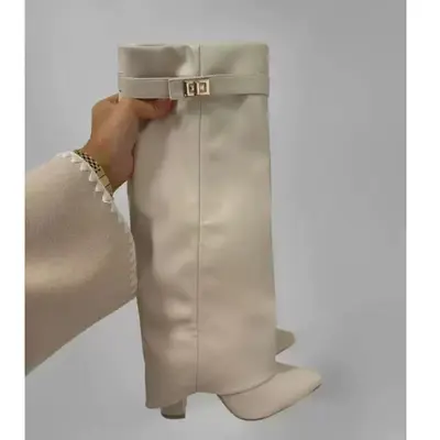 Women's Pointed Toe Tall Boots with Metal Buckle, Chunky Heel, Plus Size - 8