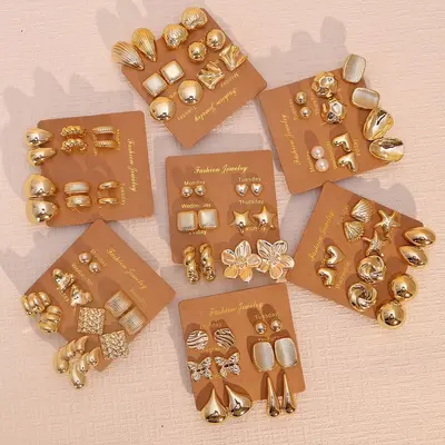 6pcs European and American Cross-border New Fashion Simple Creative Personality C-shaped Water Drop C-shaped Beaded Earrings Geometric Hollow