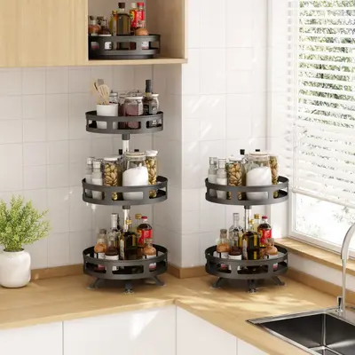 360-degree rotating kitchen cabinet organizer shelf, spice storage box, oil, salt, sauce, vinegar, condiment jar rack