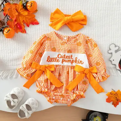 Baby Mädchen Langarm Halloween Strampler mit Schleife und Karomuster - 8