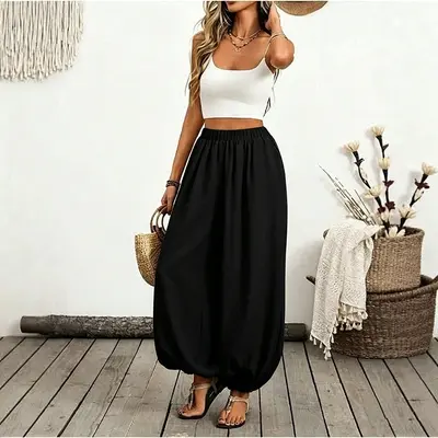 Beach Style High-Waist Pocket Comfortable Lantern Women's Long Pants - 7