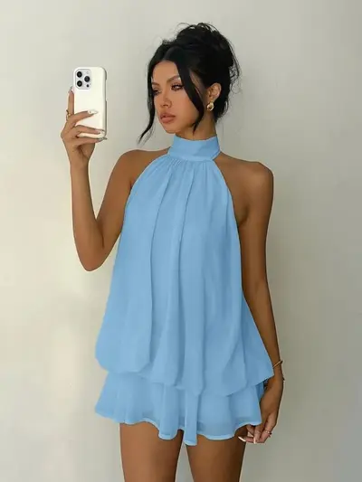 Backless halter neck tie-waist solid color summer dress - 10