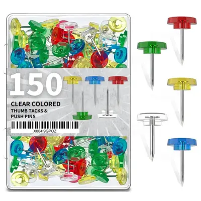 Colored Round Flat-Head Push Pins, 150 Pcs per Box, Transparent Black