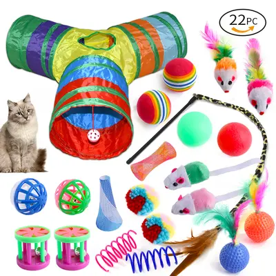 新品 宠物猫玩具 铃铛羽毛逗猫棒毛球老鼠弹簧猫隧道 22件套 - 13