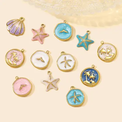 Starfish and Coconut Tree Titanium Steel Drop Earrings and Pendant, DIY Jewelry Accessory