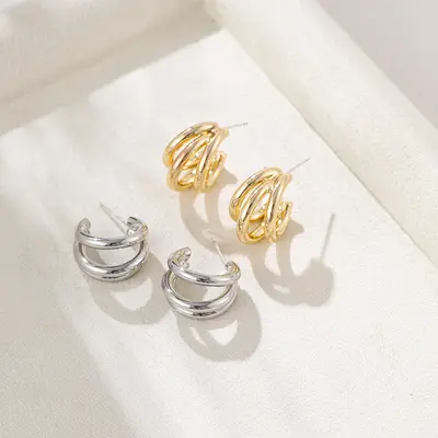 S925 Silver Needle Copper-Plated Real Gold Classic Versatile Earrings, Same Style as the Popular Sister-in-Law, Triple-Ring Stud Earrings, C-Shaped Hoop Earrings