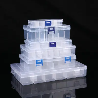 Unterteilte Kunststoff-Schreibtischaufbewahrungsbox 10 15 24 Fächer transparent mit Knöpfen Angelköder-Zubehör Schmuck Kosmetik Verpackungsbox