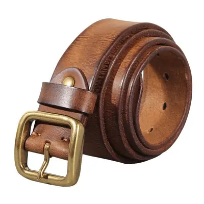 Vintage copper buckle men's belt washed denim belt genuine leather fashion pin buckle men's top grain cowhide belt authentic