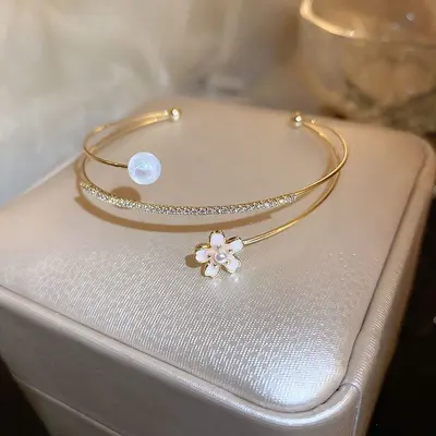 Cubic zirconia mermaid princess flower open bangle bracelet - 7