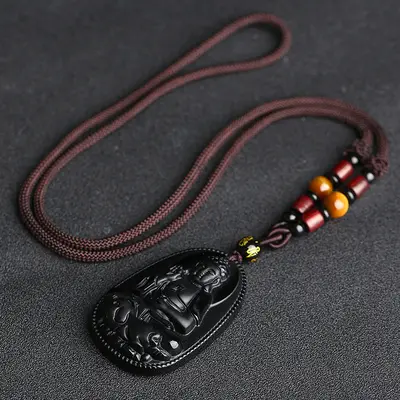 Natural Obsidian Buddha Necklace, Eight Guardian Angels, Zodiac