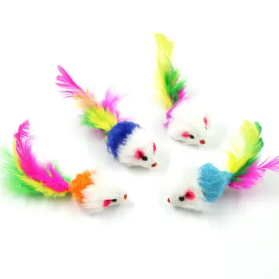 Squeaky Plush Mouse Cat Toy with Colorful Feathers - 5