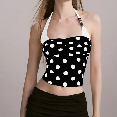 Halter Yoga Oberteil, Polka-Dot, Perlenbesatz, hochelastisch