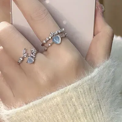 Sea blue moonstone open ring adjustable women's - 5