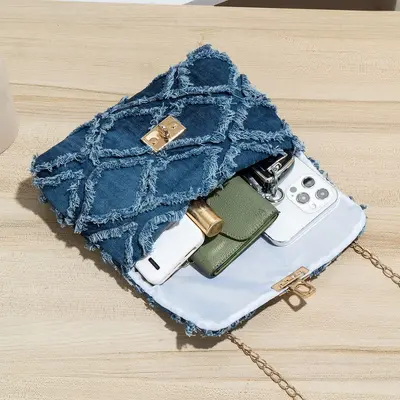 Denim Chain-Strap Flap Small Square Women's Bag with Diamond Quilting - 5