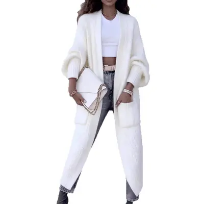 Women's Thick Knee-Length Long-Sleeve Knit Cardigan, Autumn Winter