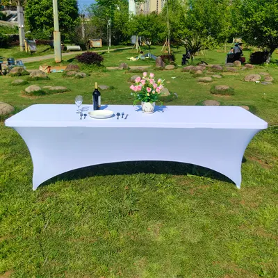 Lagerbestand Grenzüberschreitende Ausstellung Hochzeit Bankett Party Camping Milchseide Elasthan Vollständig bedeckte rechteckige hochelastische Tischhusse Tischdecke