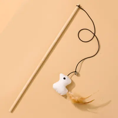 Holzstab-Katzenangel mit Feder, Glöckchen und Maus - 9