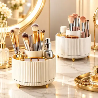 Rotating Desktop Makeup Brush Organizer with Lipstick and Pen Holder - 1