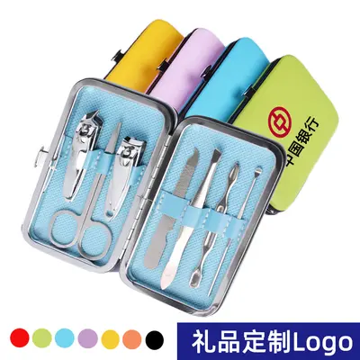 Personalized stainless steel candy color 7-piece nail scissor set, printed gift promotional LOGO manicure tools nail clippers
