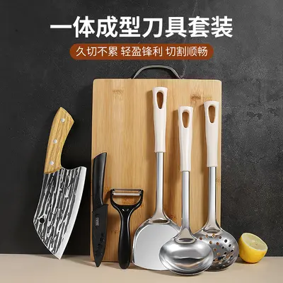 龙泉刀具套装手工锻打刀家用菜刀菜板二合一厨房全套厨具砧板组合 - 2