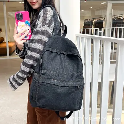 Vintage Washed Denim Backpack with Laptop Compartment - 4