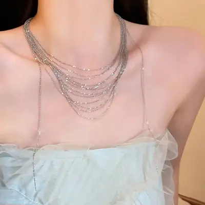 Multi-layer clavicle chain necklace with stackable tassels - 3