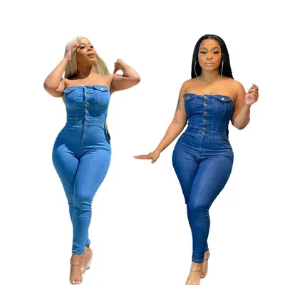 Kadın straplez kot tulum, slim fit, günlük moda