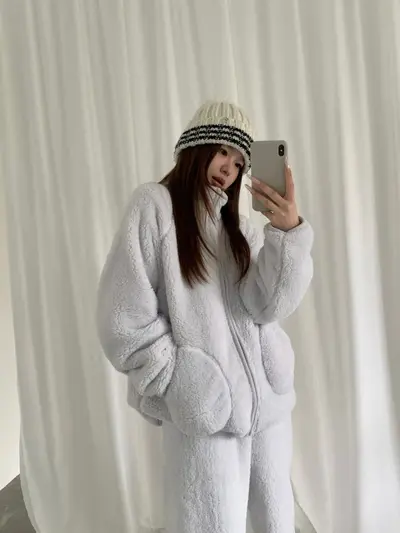 Kadın kalın peluş pijama takımı, fermuarlı hırka, iki parça
