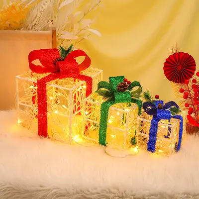 LED Christmas Foldable Acrylic Gift Box Set, 3-Piece Light-Up