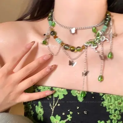 Kelebek kolye choker, vintage, saçaklı boyun zinciri - 8