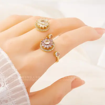 Cross-border Rotating Ring Copper Micro-Inlaid Zirconia Elegant Versatile Full Diamond Round Flower Spinner Anxiety Relief Ring