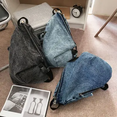 Washed Canvas Backpack, Irregular Niche Design, Denim School Bag for Girls - 4