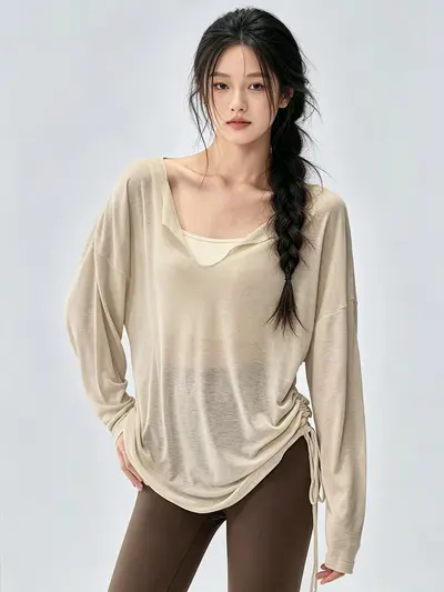 宽松瑜伽服罩衫女V领慵懒风侧边抽绳跑步运动长袖健身服套装上衣 - 2