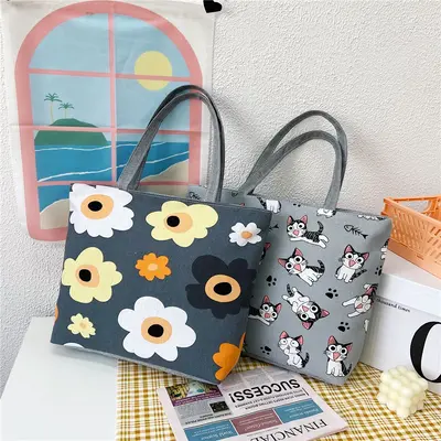 Große Canvas-Schultertasche für Damen mit Aufdruck, Tote Bag im koreanischen Stil