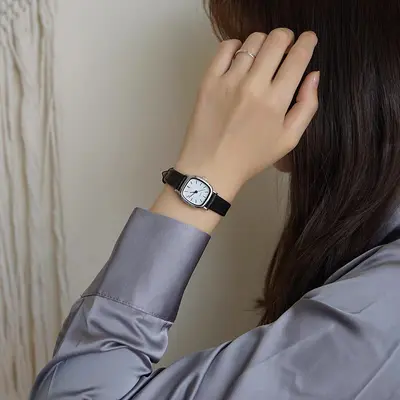 Korean-style quartz watch, leather strap, women's