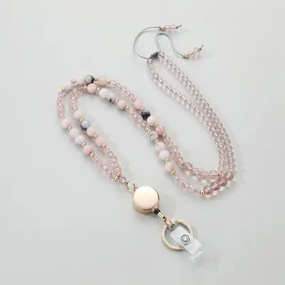 Retractable ID Card Lanyard with Natural Stone Crystal Long Necklace - 10