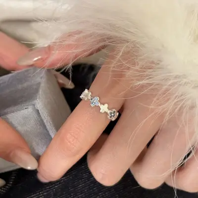 S925 sterling silver clover crystal ring, brushed, adjustable - 2