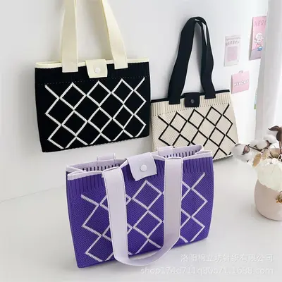 Women's handwoven tote bag, diamond pattern, large capacity, single shoulder strap - 1