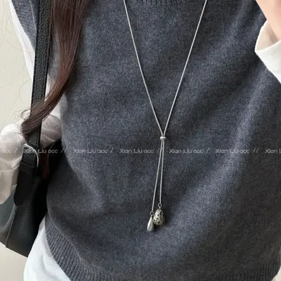 Tiger's eye water drop pull-through necklace, long design, women's accessory - 8