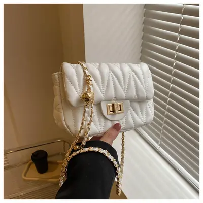 Women's Small Square Bag with Chain Clasp, Diamond-Quilted Stitching - 7