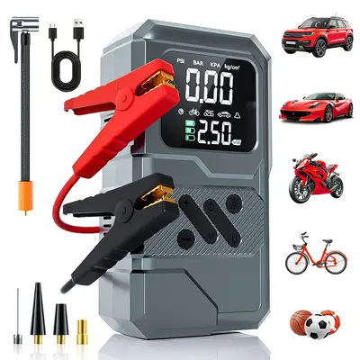 Car Jump Starter Power Bank with Tire Inflator Combo - Portable Vehicle Battery Emergency Booster Pack and Air Pump