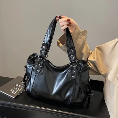 European and American retro solid color PU large capacity bag, cross-border commuting women's handbag, factory bulk supply, can be labeled and shipped on behalf of others.