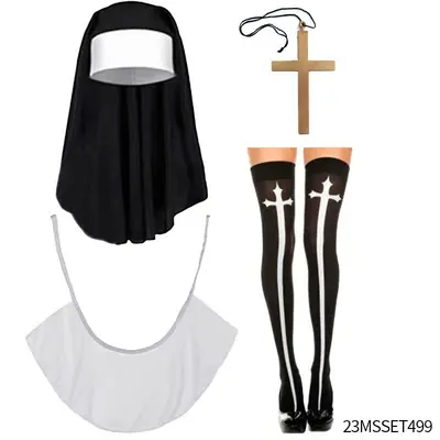 Halloween Nun Costume, Cross Print, Black and White Uniform - 8
