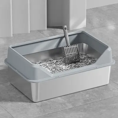Edelstahl-Katzentoilette mit Deckel, Top-Einstieg und Seitentür - 7