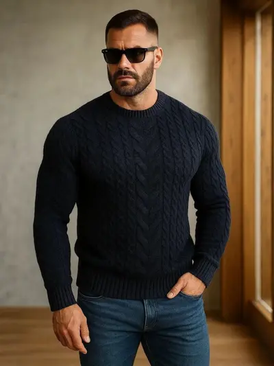 Herren-Rollkragenpullover im Zopfmuster, große Größen, einfarbig, Wolle
