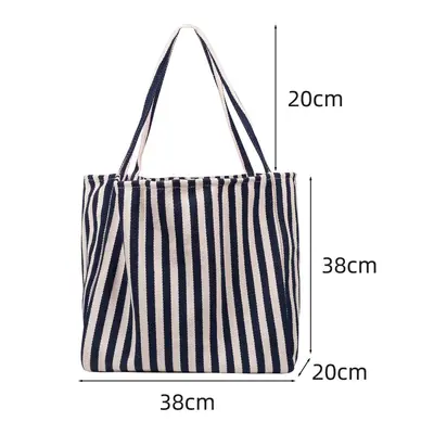 Women's striped canvas bag, single shoulder, large capacity canvas bag, simple and fresh style handbag, stylish and versatile. - 8
