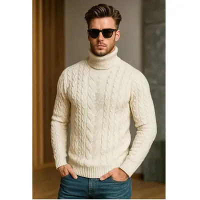 Herren-Rollkragenpullover im Zopfmuster, große Größen, einfarbig, Wolle - 7