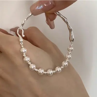 Pearl silver bracelet, S925 sterling, natural irregular, minimalist - 7